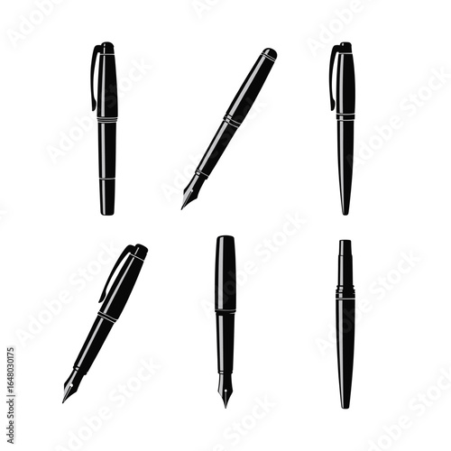 six unique black silhouette fountain pens, each in different design and pose