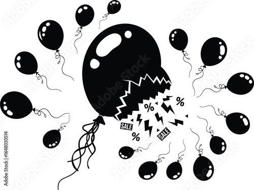 Vector art of bursting black balloon releasing money and percentages isolated on white background