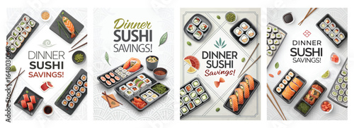 An elegant sushi dinner setup showcasing various colorful sushi rolls and condiments.
