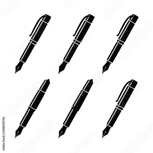 six unique black silhouette fountain pens, each in different design and pose