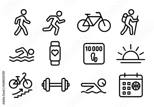 Fitness activity icons set with walking, running, cycling, swimming, smartwatch, pedometer, sunrise, weightlifting, and sports calendar in line style.