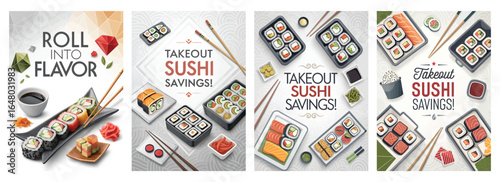 Colorful sushi takeout menu showcasing various sushi rolls and platters with chopsticks.