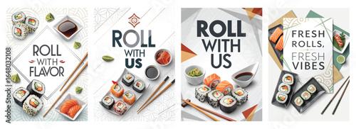 Colorful sushi presentation featuring assorted rolls, fresh ingredients, and enticing condiments.