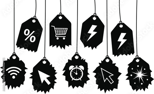Vector art of collection of shopping and sale tags with icons isolated on white background