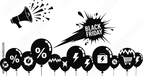 Vector art of black friday sale announcement with balloons and discounts isolated on white background