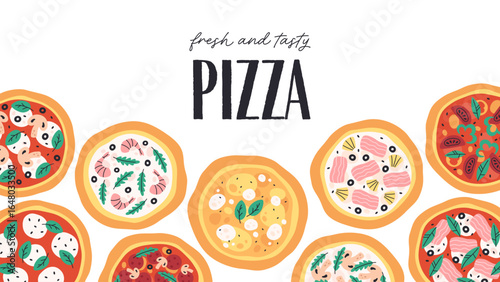 Hand drawn Italian pizza design for banner, background, card, poster, menu. Vector illustration in trendy flat style