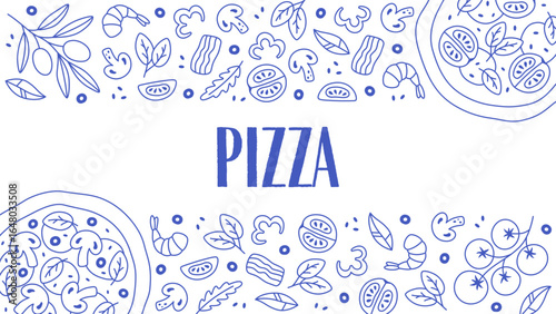Hand drawn Italian pizza design for banner, background, card, poster, menu. Outline mediterranean italian pizza design. Vector illustration in trendy flat style