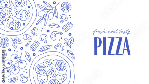 Hand drawn Italian pizza design for banner, background, card, poster, menu. Outline mediterranean italian pizza design. Vector illustration in trendy flat style