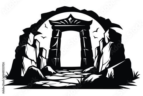 Stone Archway with Birds Silhouette Illustration, Fantasy Portal Graphic Design Element