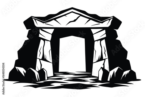 Monochrome Stone Dolmen Illustration Simplified Rock Structure, Pathway to White Light, Minimalist Design