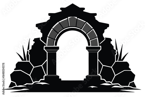Silhouette of Stone Archway Ruins with Pillars, Rock Foundation, and Sparse Vegetation