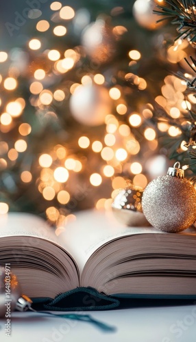 Enchanting Holiday Atmosphere with Open Book, Sparkling Lights, and Warm Golden Hour Glow Effect