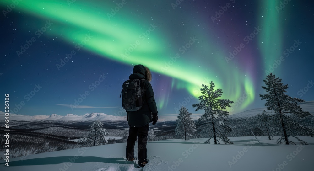 Fototapeta premium Male backpacker observing northern lights in snowy landscape at night