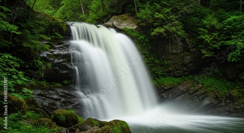 Serene waterfall in lush forest surrounded by greenery