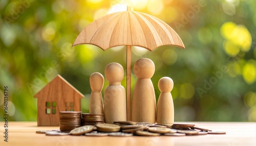 Wallpaper Mural In warm light, a wooden doll family stands next to a pile of coins, with a large wooden umbrella above them protecting their wealth. Torontodigital.ca