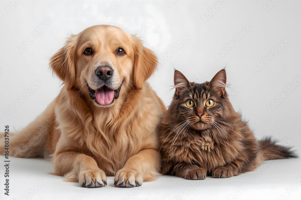 Fototapeta premium Golden Retriever dog and cat on a white background. Studio photo.