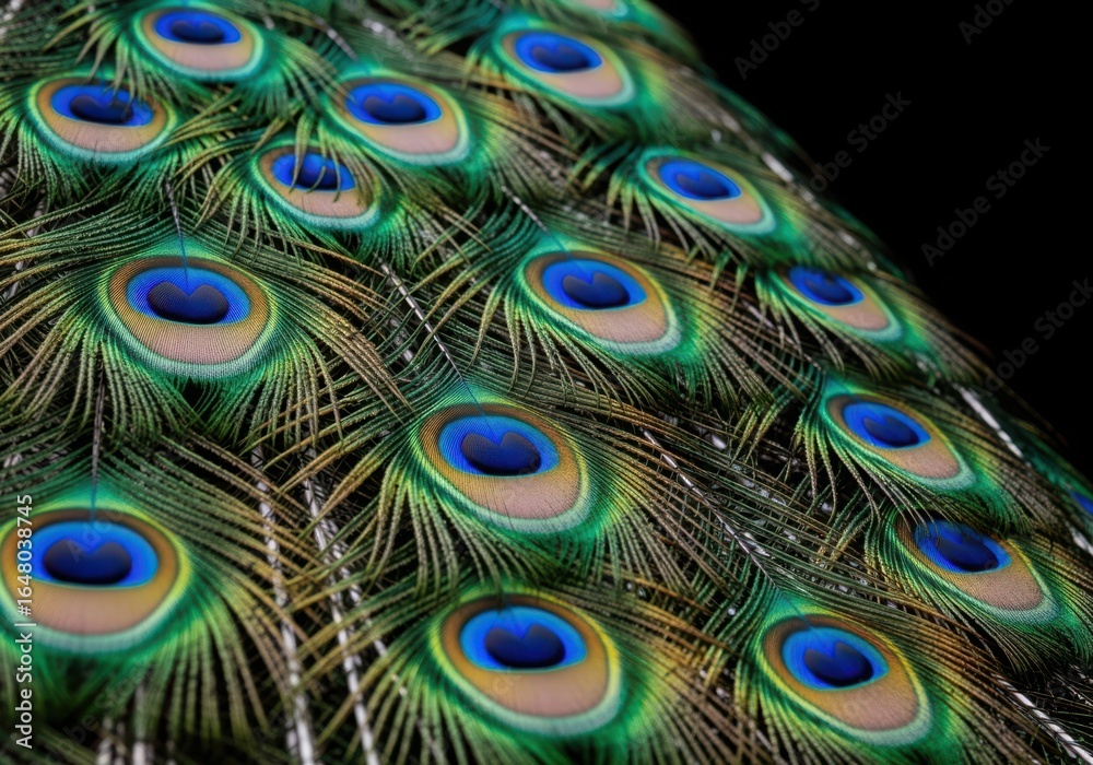 Obraz premium Closeup of vibrant peacock feathers displaying intricate eyes and iridescent colors