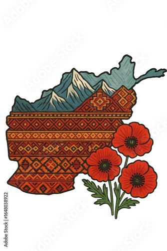 Afghanistan map with traditional pattern, mountains and poppies on transparent background