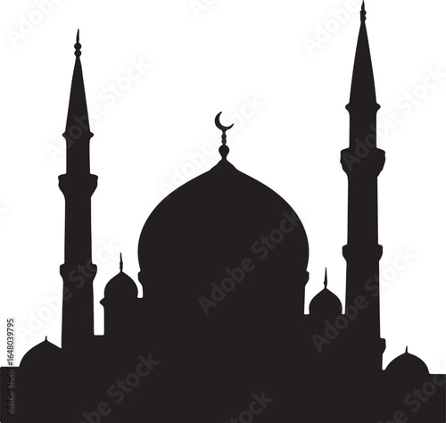 Black silhouette of a mosque with domes and minarets against a white background Islamic architecture