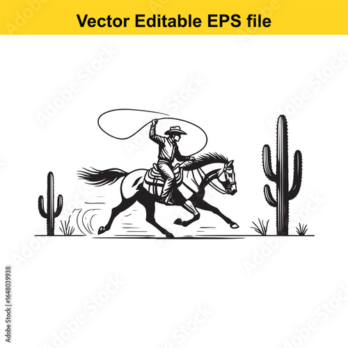 Cowboy riding horse with lasso in desert with saguaro cactus, isolated on white background
