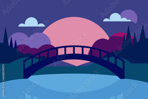 flat bridge over calm river dusk