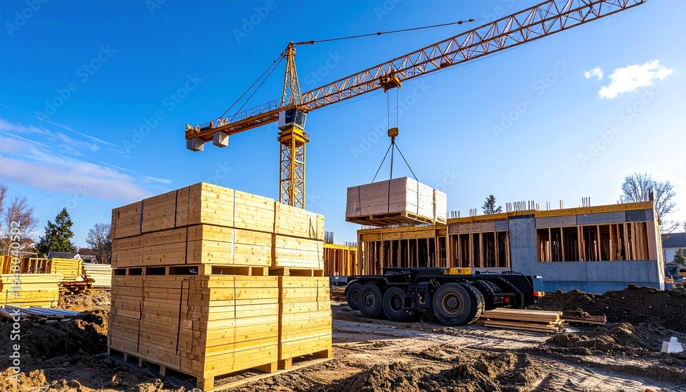 Fototapeta premium A large tower crane lifts materials at a new apartment building construction site under a clear sky