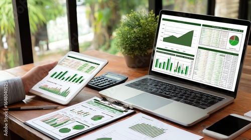 A focused professional analyzes financial data displayed across multiple screens, utilizing charts and calculations to assess performance and inform strategic decisions in a modern workspace.