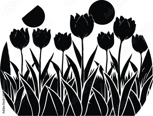 Tulip Field At Sunrise Silhouette | Colorful Tulip Garden Silhouette