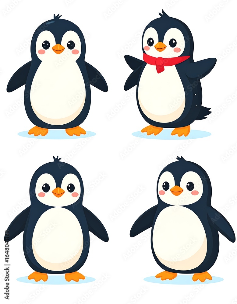 Fototapeta premium Four cartoon penguins in various poses