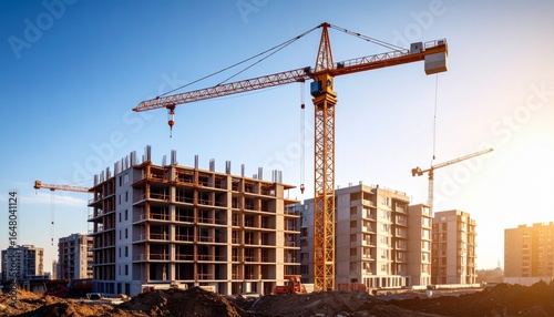 A large tower crane lifts materials at a new apartment building construction site under a clear sky