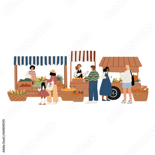 diverse multicultural group including Caucasian, Black, African American and Asian people shopping at a lively farmers market with vegetable stalls and wicker baskets. Flat vector illustration.