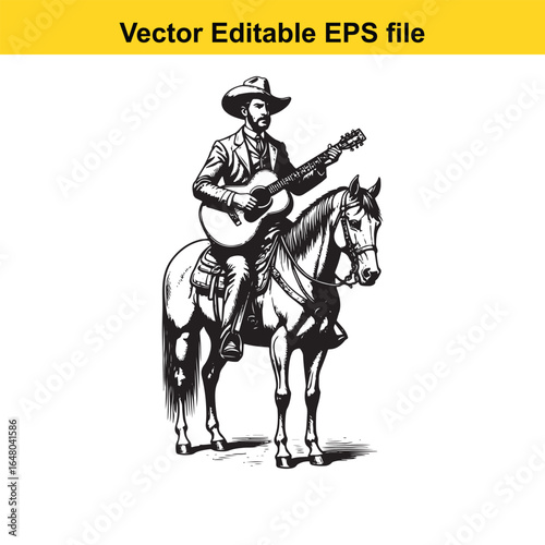 Cowboy playing guitar on horseback, isolated on white background