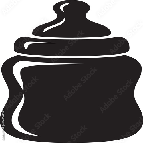 A simple black and white graphic illustration of a baby bottle with a nipple on a white background
