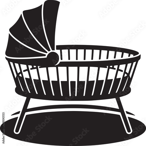 A black and white graphic illustration of a baby bassinet with a canopy on a white background