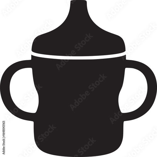 A black silhouette of a sippy cup with handles on a white background in a simple illustration