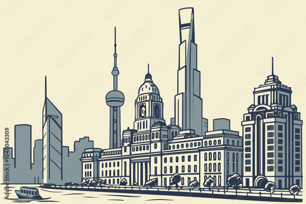 Fototapeta premium Shanghai, China – A global financial hub blending futuristic skyscrapers with rich colonial history along the Huangpu River.