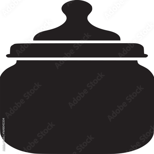A simple black silhouette of a baby bottle with a nipple on a plain white background image design