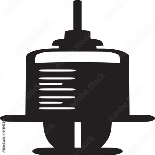 A black and white image of a syringe with markings on the side and a needle pointing upwards sharply