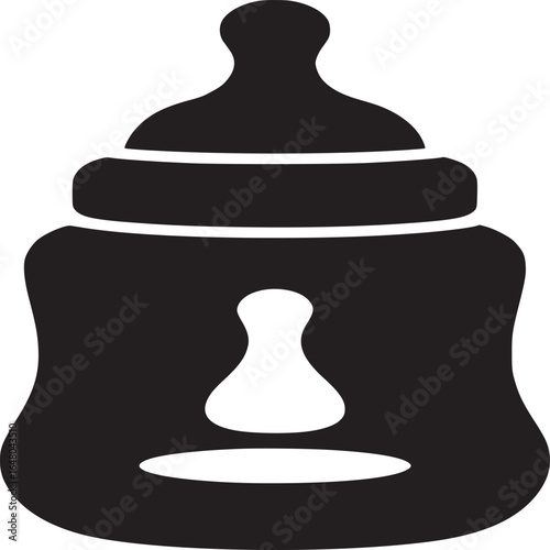 A black and white graphic illustration of a baby bottle with a nipple against a white background