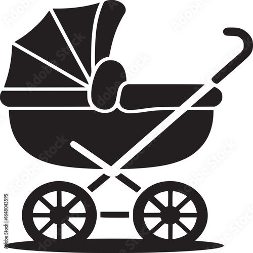 A silhouette image of a baby carriage with a hood and wheels on a white background in a simple style