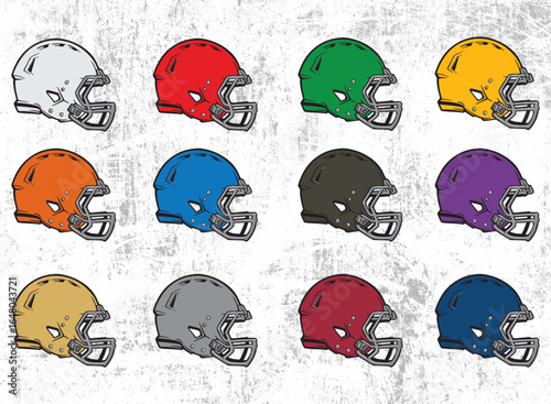Vector Illustration Pack of 12 Colorful  Football Helmets