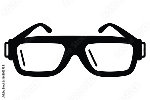 Black Silhouette of Rectangular Eyeglasses with Thick Frame and Curved Arms on White Background