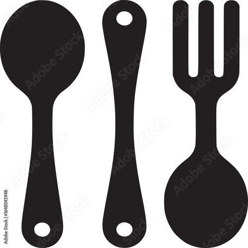 A simple black and white illustration of a spoon knife and fork on a white background flat design