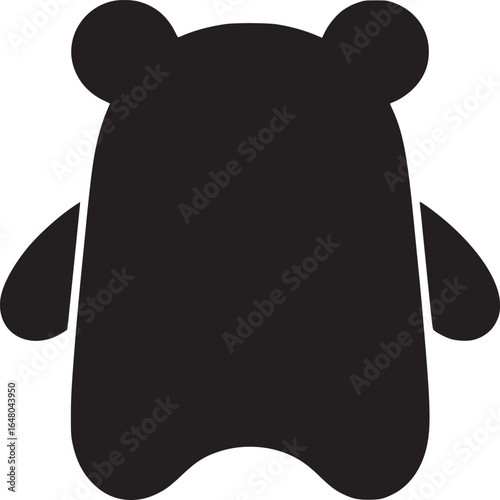 A stylized black silhouette of a bear like figure with rounded ears and a simple body shape on white