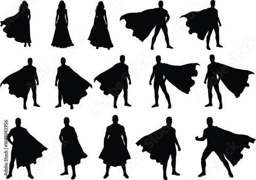 Collection of superhero and superwoman silhouettes in various poses with flowing capes, vector illustrations for comic and graphic design projects.
