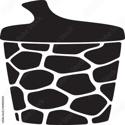A black and white illustration of a sippy cup with giraffe print against a white background space