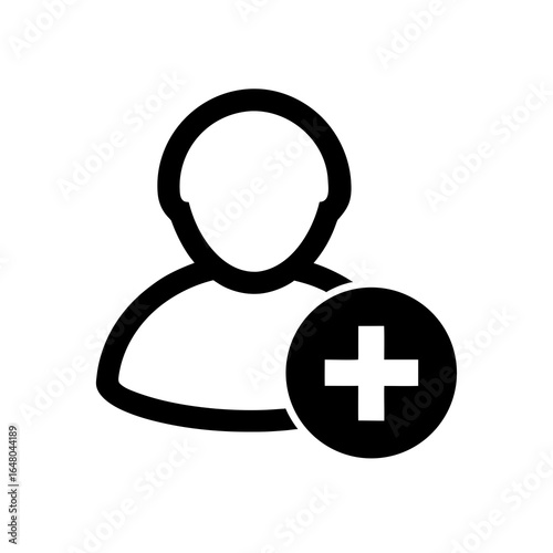 Black and white icon of a person with a plus symbol