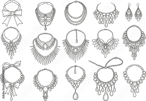 Hand drawn jewelry necklace and earrings collection vintage ornate accessories gemstone and pearl decoration elegant fashion design flat vector illustration