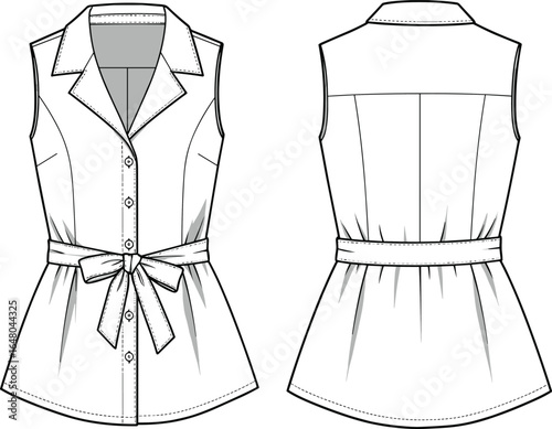 cad drawing flat vector illustration, sleeveless blouse fashion sketch, button-down front design, tied waist belt, garment construction template