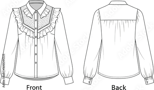 cad drawing, flat vector illustration, blouse sketch, ruffle yoke design, fashion technical sketch, apparel vector art
